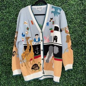 Vtg Jack B Quick Noah's Ark Knit Cardigan Size Large  Multicolor Button Front
